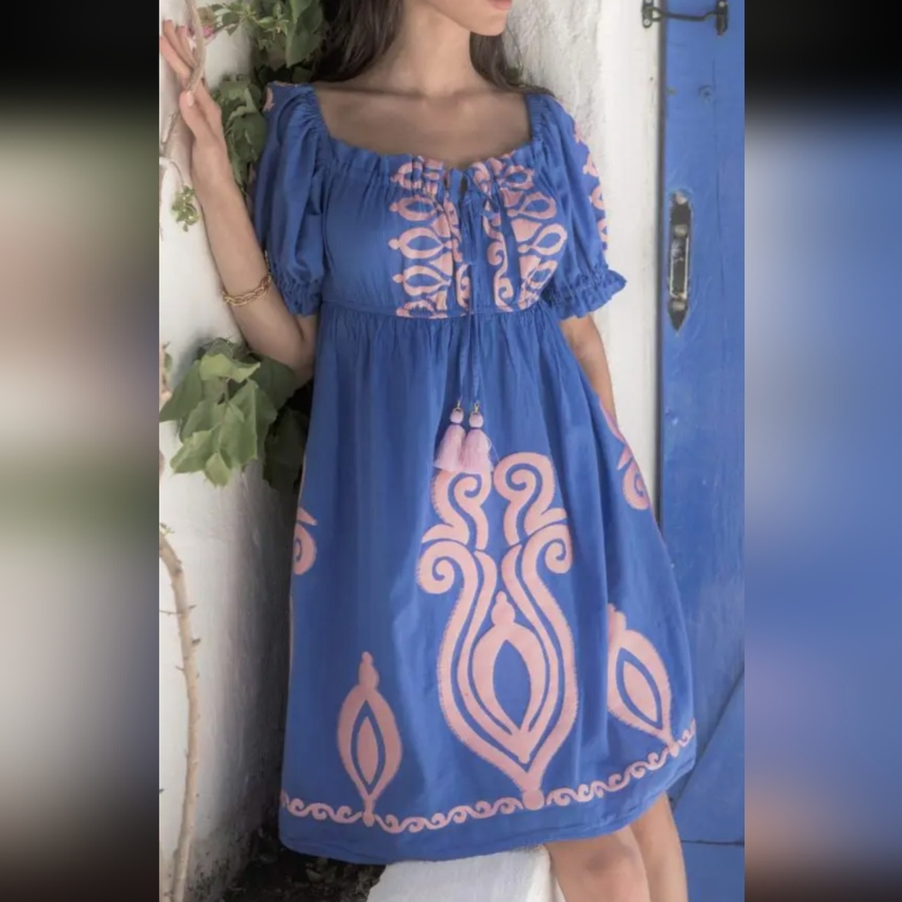 Nema Resort Wear Anise off the shoulder dress, blue with pink embroidery. Size M